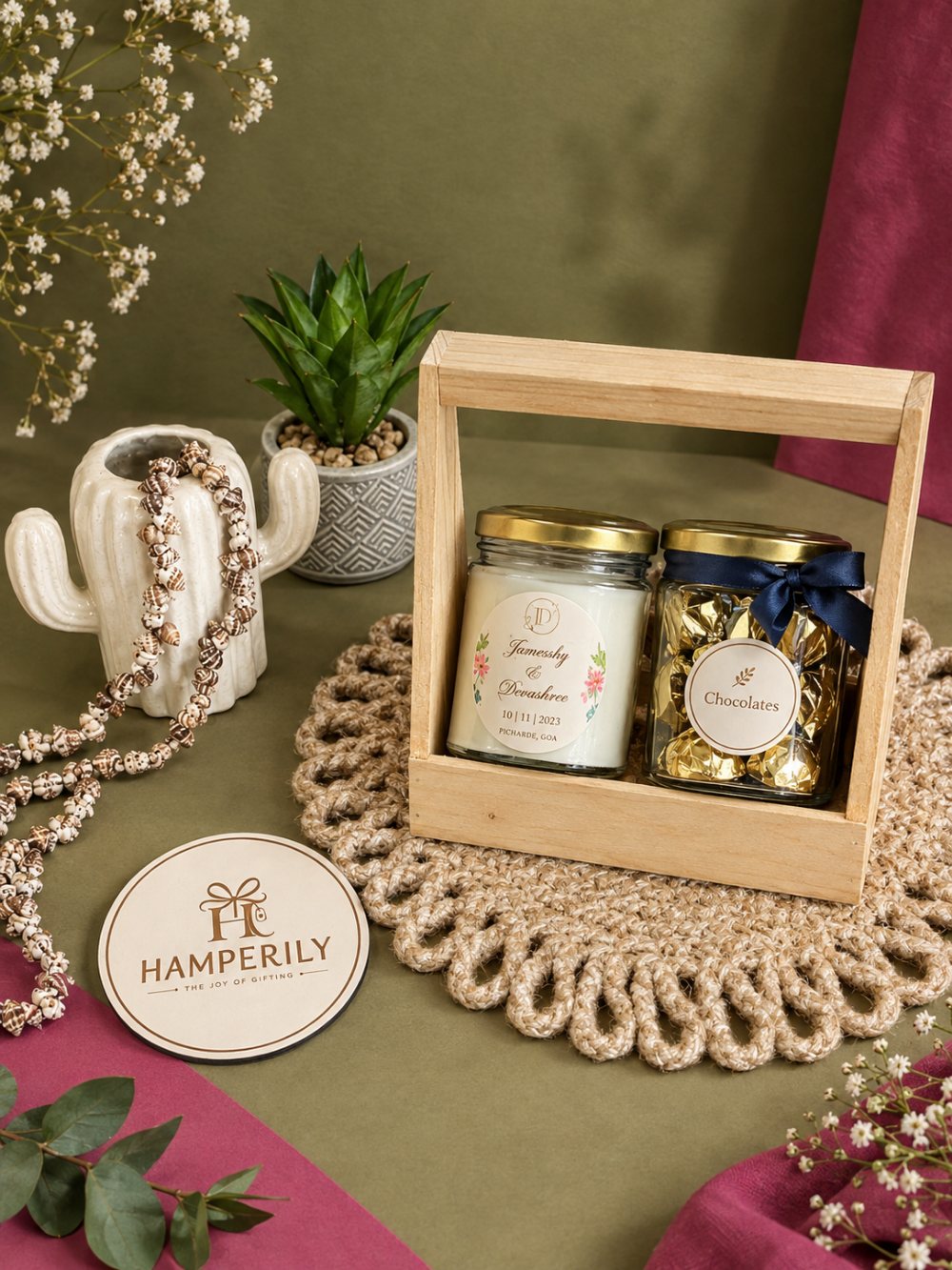 Candle and chocolate jar basket in a wooden crate
