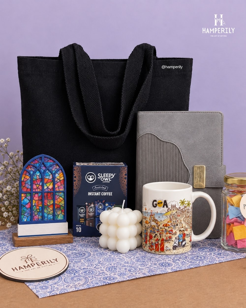 Corporate hamper with diary, mug, candle and Goan window stand