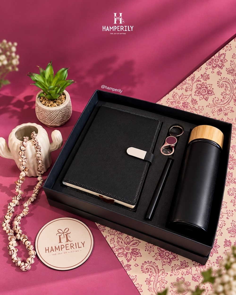 Premium black corporate gift box with diary, pen and bottle