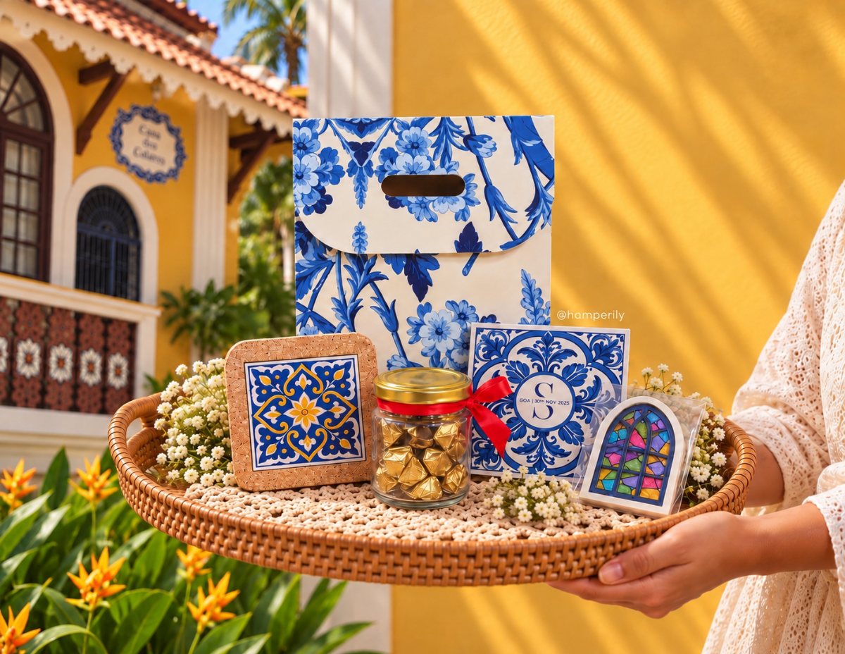 Goan themed hamper on a woven tray in front of a Goan house