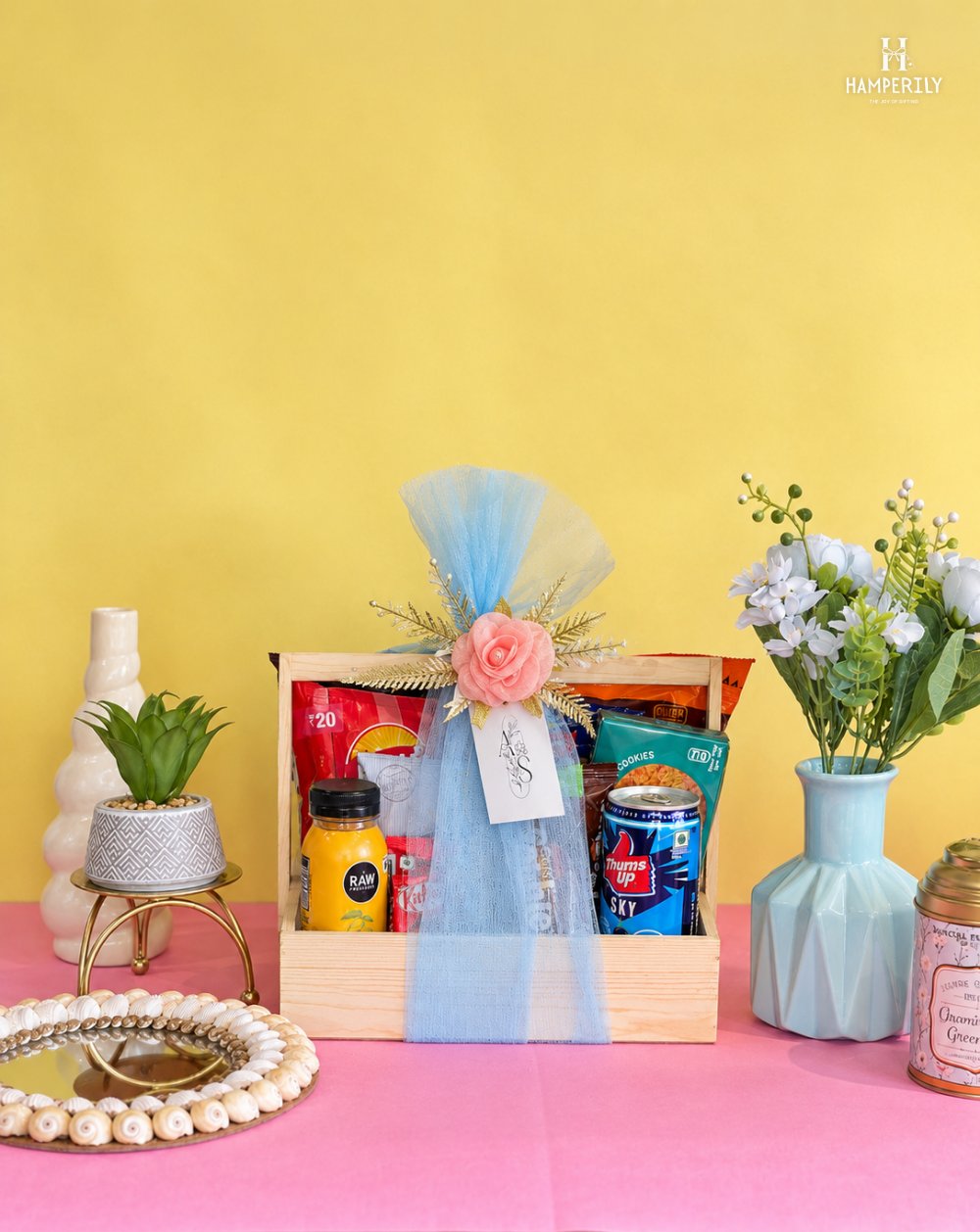 Wooden crate hamper with tulle wrap, monogrammed A & S