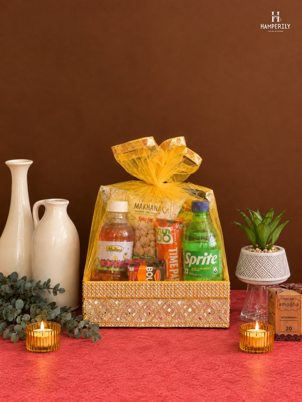 Golden mesh wrapped gift box hamper