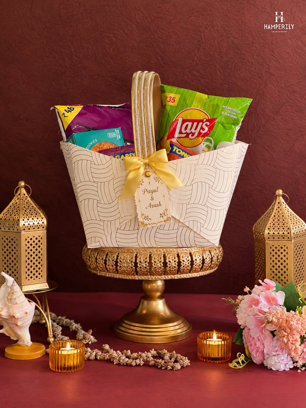 Woven basket hamper on gold stand, Priyal & Arush