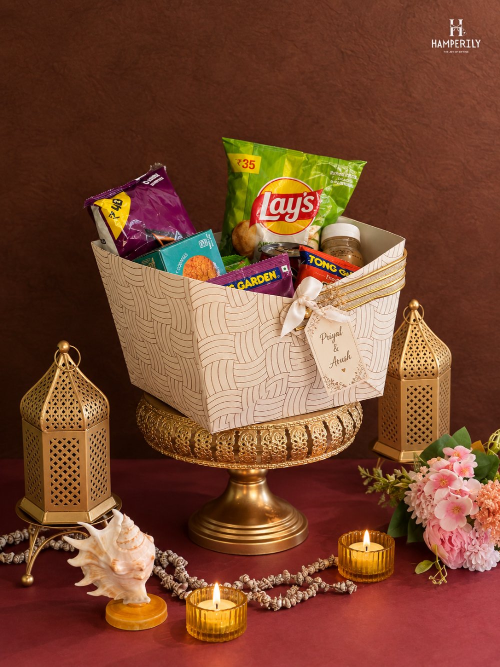 Woven basket hamper, side angle, Priyal & Arush