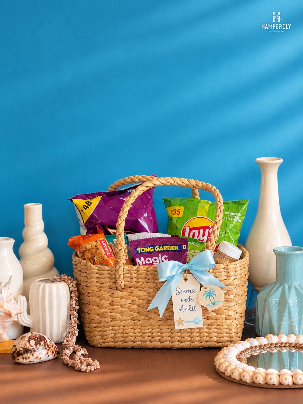 Woven handbag hamper with name tag, Seema weds Ankit