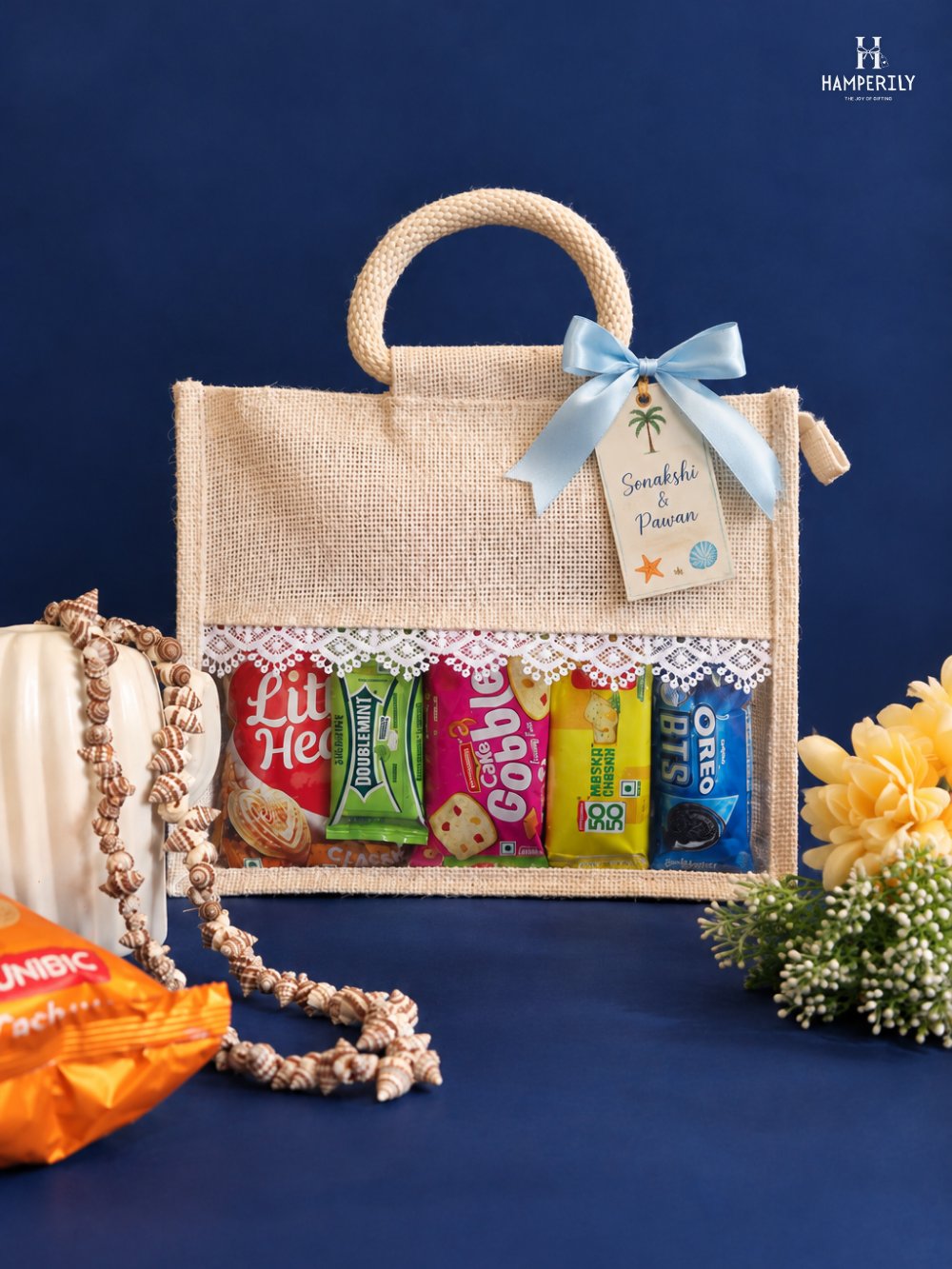 Jute bag hamper with snacks, Sonakshi & Pawan