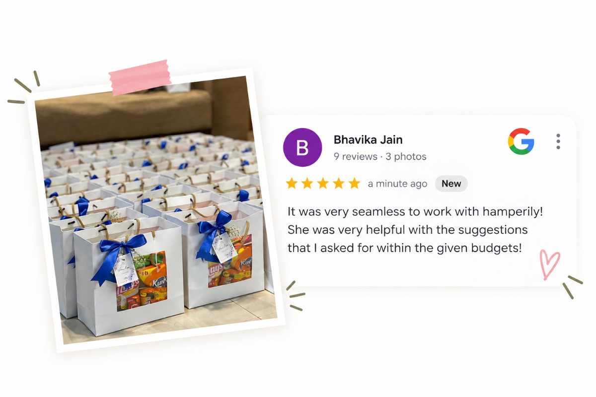 5-star Google review by Bhavika Jain: It was very seamless to work with hamperily! She was very helpful with the suggestions that I asked for within the given budgets!